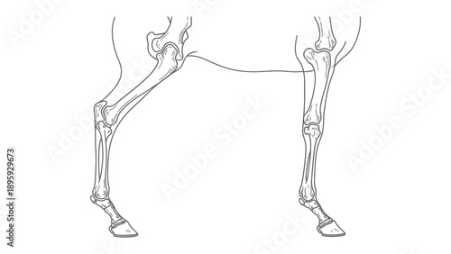 Horse anatomy - Skeleton view: A detailed and clinical illustration shows the skeletal structure of a horse's hind legs.