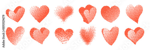Abstract red halftone hearts icon set with pixel and dot texture. Vector bitmap vector illustration. For romance branding, Valentine design, posters, cards, prints, web