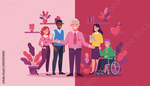 Inclusive smiling multigenerational group welcomes diversity and accessibility Vector illustration