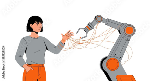 AI Control and Robotics: Flat vector illustration of woman interacting with industrial automation arm connected by wires