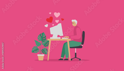Senior man dating online at computer Digital love and connection for elderly people