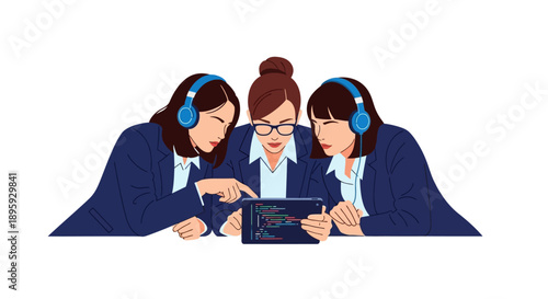Three Female Software Developers Team Coding on Tablet. Businesswomen Programmers Collaborating on IT Project Review with Headphones.