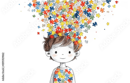 Cute Child with Puzzle Pieces Falling from Head in Artistic Illustration