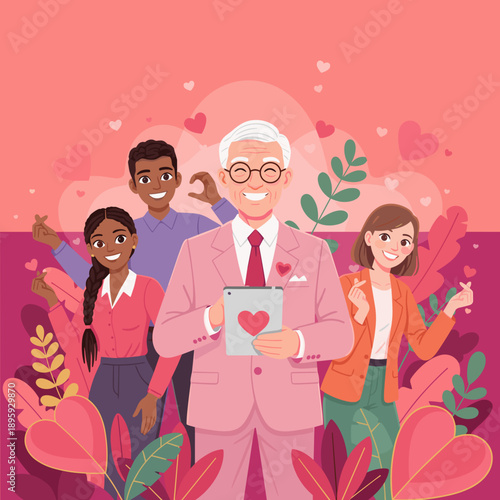Diverse team showing love gestures and tech connection in a vibrant heartfilled illustration