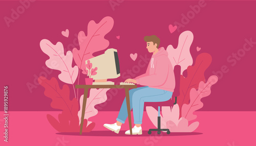 Man works remotely on a vintage PC in a vibrant pink leafy and loving workspace
