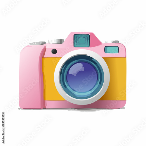 Photo camera 3d render illustration. Pink and yellow compact digital photocamera with lens and flash.