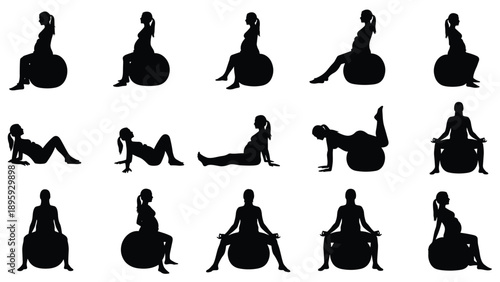 Pregnant Woman Yoga Silhouette Vector Collection Featuring Maternity Fitness Exercises with Stability Ball for Prenatal Health Wellness and Healthy Motherhood Design