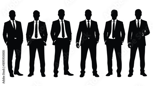 Professional business team silhouettes of successful businessmen in formal suits standing together for corporate leadership, executive partnership, and teamwork concept.