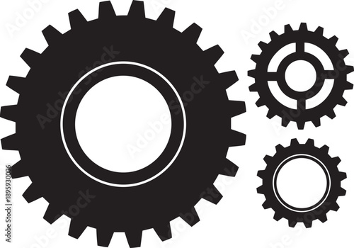 Three black gears of varying sizes on a white background cogwheel mechanical industry engineering