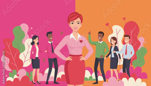 Successful businesswoman leading a diverse supportive professional team Vector illustration