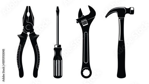 Professional hand tool set featuring pliers, screwdriver, adjustable wrench and hammer, black vector illustration icons for construction, repair and hardware design.