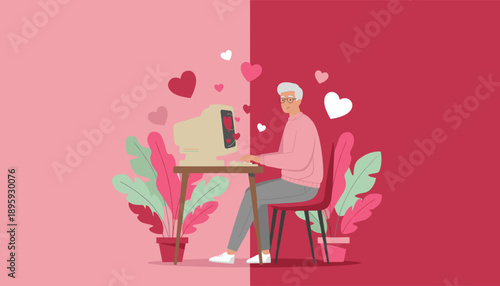 Happy senior man chatting or dating online on a retro computer surrounded by hearts and plants