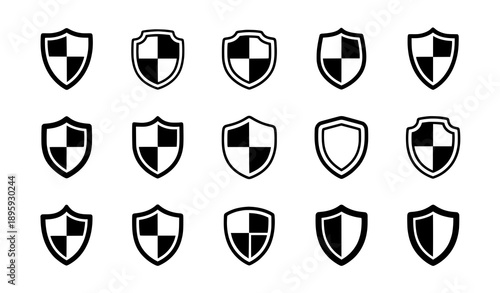 Security shield icon set with protection symbols isolated on white background