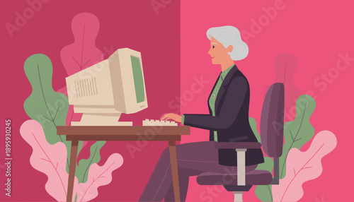 Experienced senior woman professional typing on an old desktop computer