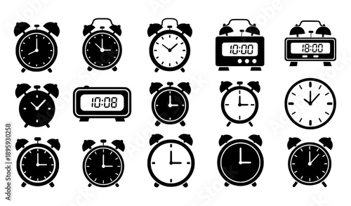 Wake-up alarm clock icons silhouette collection