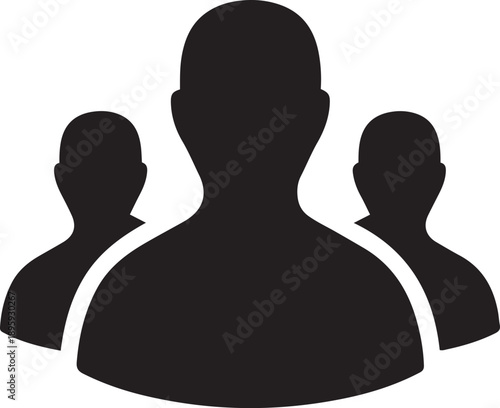 Three black human silhouette heads and shoulders on white background group people team community social silhouette