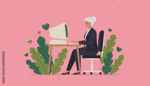 Experienced woman working on a retro PC integrating technology and nature Business productivity