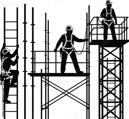 Construction workers silhouettes, scaffolding safety harnesses, industrial labor on site, building maintenance teamwork, black figures isolated white background, vector illustration