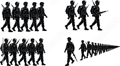 Military soldier silhouettes marching, armed infantry patrol formation, army troops walking with rifles, black combat figures isolated white background