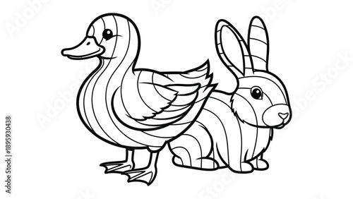 Duck and Bunny's Friendship: A charming illustration depicts the unlikely friendship between a cheerful duck and a cuddly bunny, creating a heartwarming scene of companionship.