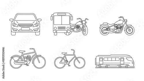 Transportation Collection: A curated set of iconic vehicles, each rendered in a clean, minimalist style, perfect for illustrating the essence of travel and mobility. 
