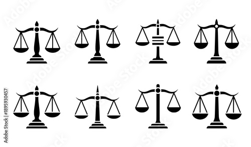 Justice scales icon set with law balance symbols isolated on white background