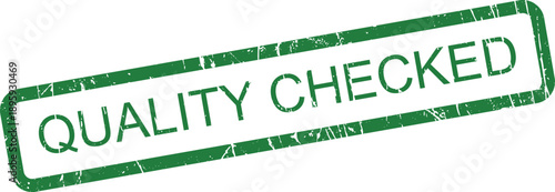 Green rectangular rubber stamp with the phrase QUALITY CHECKED on a crisp white surface