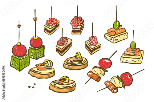 Canape textured illustration. Hand-drawn small sandwiches. French cuisine. Tapas, appetizer, aperitif. Vector on isolated background.  for food blog, design, label, card, menu. Snack, cooking recipe, 