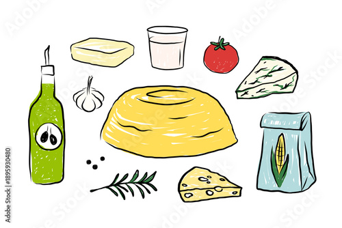 Polenta illustration. Hand Drawn resepi of Italian cuisine. Sketch with ingredients, olive oil, garlic, rosemary, butter, cheese, parmesan, tomato, cornmeal. For food blogs, menus, packaging, design