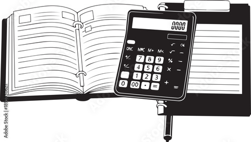 Calculator with notebook line art vector illustration for accounting and budget management