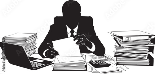 Businessman working hard with laptop and documents, vector silhouette illustration in office