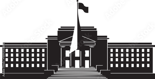 Government building facade vector silhouette illustration featuring pillars and flag on roof