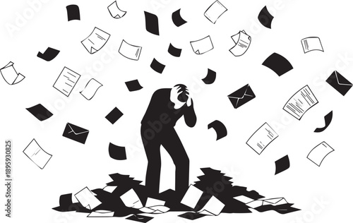 Overworked stressed man surrounded by falling documents paper silhouette illustration vector art
