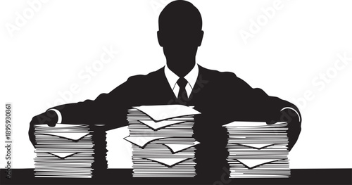Silhouette of businessman with stacks of papers, workload, administrative tasks
