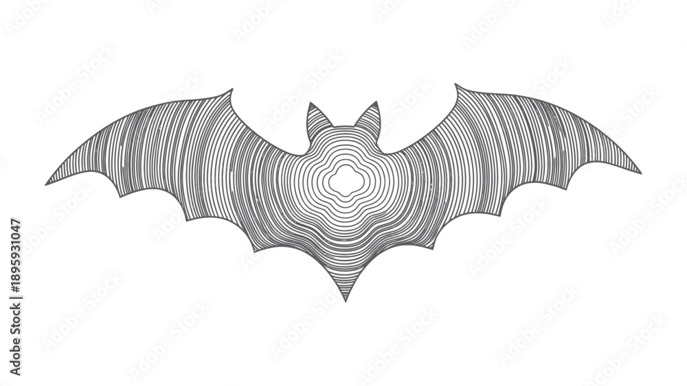 Fototapeta premium Ethereal Bat Silhouette: A minimalist monochrome depiction of a bat spreads its wings, its form created from delicate concentric lines that evoke a sense of flight and mystery.