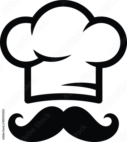 Minimalist Black and white iconic graphic featuring a chef's hat and a handlebar mustache. 