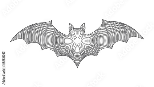 Ethereal Bat Silhouette: A minimalist monochrome depiction of a bat spreads its wings, its form created from delicate concentric lines that evoke a sense of flight and mystery.