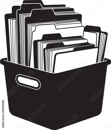 Office filing box silhouette with multiple documents folders for record keeping vector art