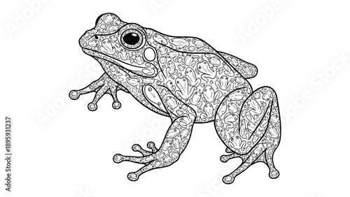 Frog Illustration: Artistic detailed illustration of a frog, perfect for coloring or artistic projects, highlighting intricate patterns and features of the amphibian.