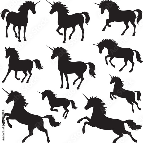 black silhouette unicorn horse collection running jumping poses