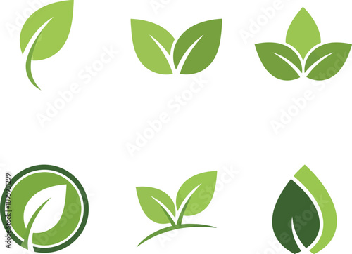 Collection of six green leaf icons isolated on white background, symbolizing nature, growth, and organic concepts. 