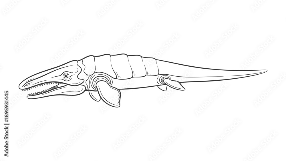 Fototapeta premium Ancient Marine Predator: A meticulously crafted illustration presents a sleek, streamlined marine reptile, a Mosasaurus, gracefully navigating the prehistoric seas.