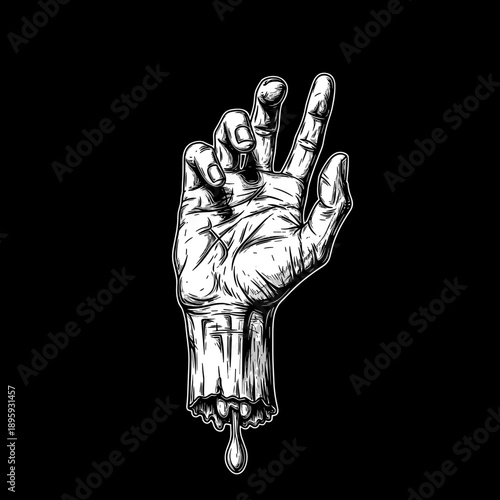 Detailed illustration of a severed hand dripping liquid, in a stark black and white style.