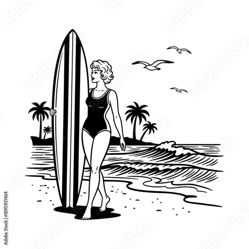 Retro Woman with Surfboard on Beach.