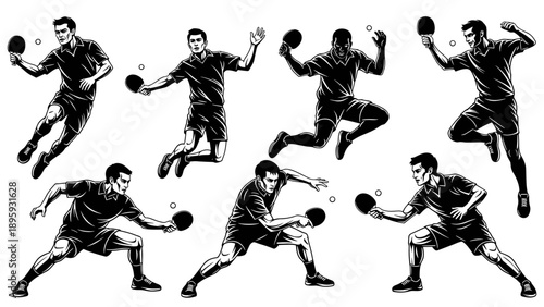 Dynamic Silhouettes of Table Tennis Players in Various Action Poses.