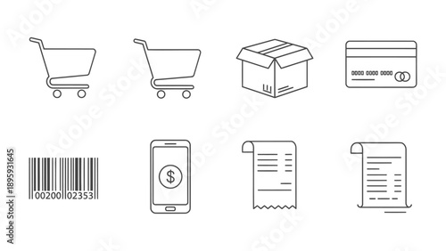 Digital Shopping Icons: A collection of meticulously crafted line art icons that represent the essential elements of modern shopping, perfect for digital interfaces. 