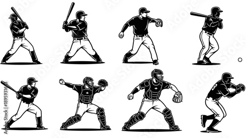 Baseball Players Poses Action Set.