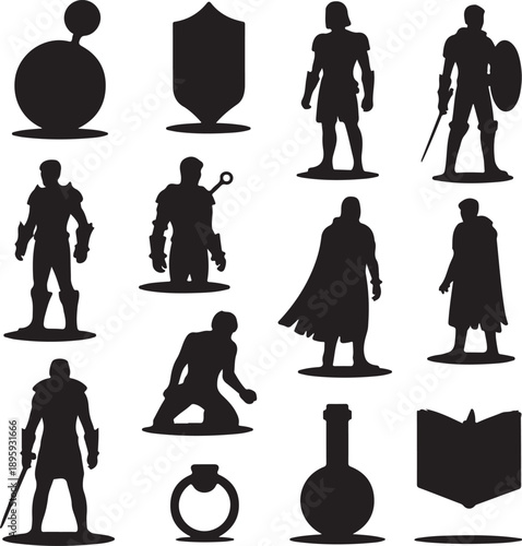 black silhouettes of medieval characters and objects on white background