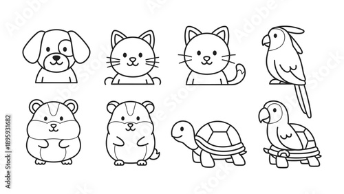 Cartoon Animals: An assortment of endearing cartoon animals, encompassing a playful puppy, a pair of cuddly kittens, two charming hamster, a wise tortoise, and two vibrant parrots.
