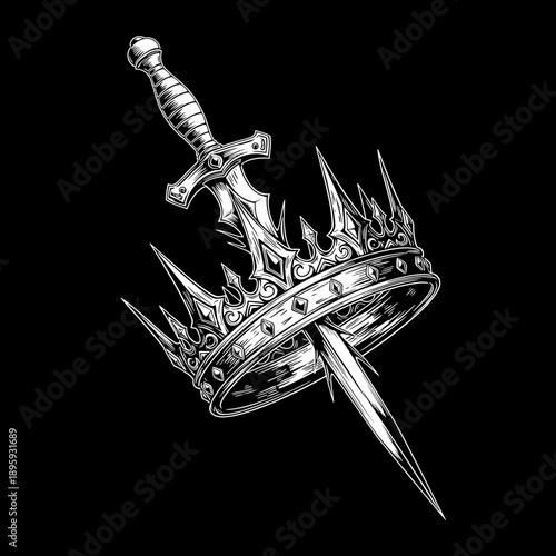 Intricate Engraving of a Dagger Piercing a Royal Crown.